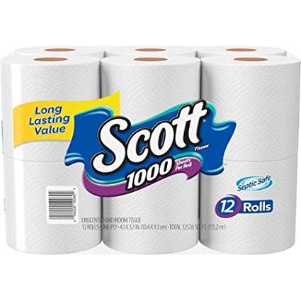 Scott Tissue 1000 Sheets Unscented Bathroom Tissue, 100 sheets, 12 rolls