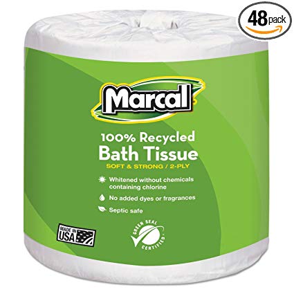 Marcal 100% Recycled Two-Ply Embossed Toilet Tissue, White, 48 Rolls/Carton
