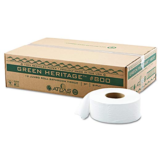 Atlas Paper Mills 800GREEN Green Heritage Jumbo Junior Roll Toilet Tissue, 2-Ply, 9