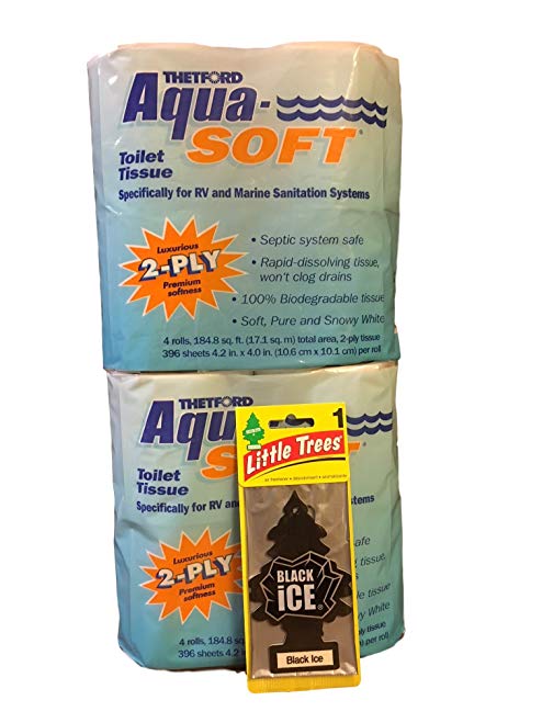 V&P Thetford Aqua-Soft Toilet Tissue - Toilet Paper for RV - 2-ply - 2 Pack 8 rolls - and Black Ice Air Freshener Bundle of 3 Items