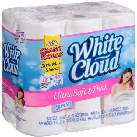 White Cloud Ultra Soft & Thick 3 Ply Bathroom Tissue 18 Giant Rolls=45 Regular Rolls