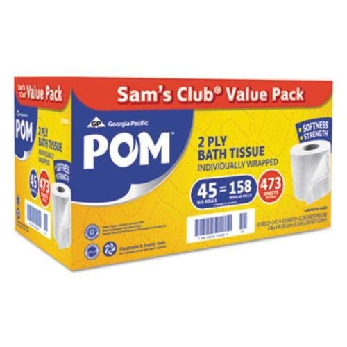 POM Bath Tissue, 2-Ply, White, 473 Sheets/Roll, 45 Rolls/Carton
