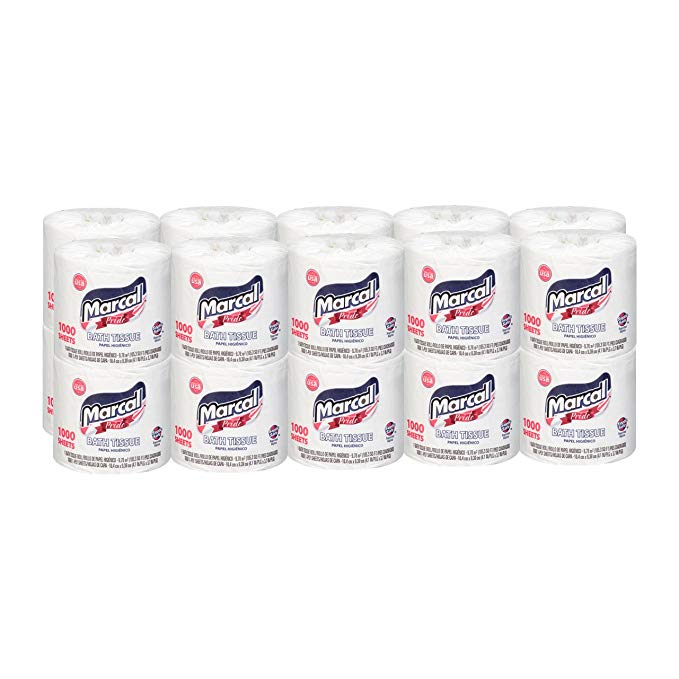 Marcal Pride Toilet Paper, White, 1000 Sheets per Roll, 20 Rolls per Case - Sustainable and Chlorine Free Bath Tissue 03408