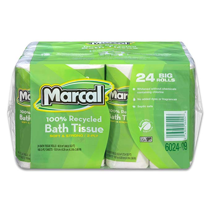 Marcal Toilet Paper, 100% Recycled, 2-Ply, White Bath Tissue - 168 Sheets Per Roll, 4 Rolls Per Pack, 6 Packs Per Case for 24 Giant Rolls, Green Seal Certified 06024