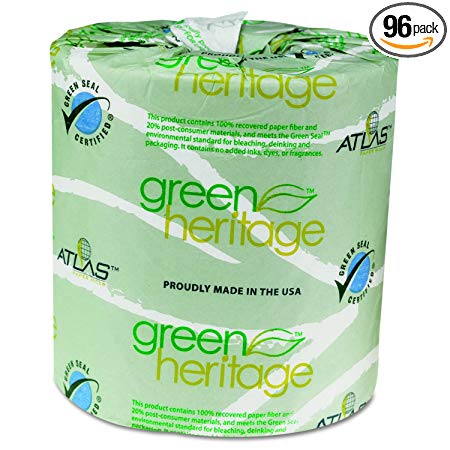 Green Heritage APM235GREEN Atlas Paper Mills 235GREEN Toilet Tissue, 4 1/2 x 3 1/2 Sheets, 2-Ply, 500 Per Roll (Case of 96 Rolls)