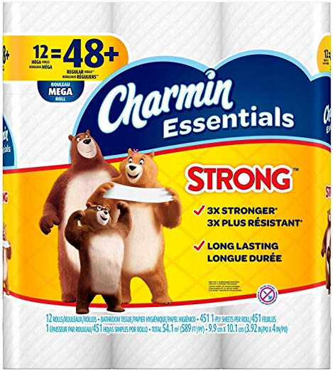 Charmin Essentials Strong Toilet Paper, Bath Tissue, Mega Roll, 12 Count