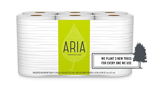 Aria Premium, Earth Friendly Toilet Paper, 12 Mega Rolls, 12 = 48 Regular Rolls, Eco Friendly Bath Tissue