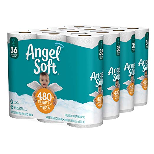 Angel Soft Toilet Paper, Bath Tissue, 36 Mega Rolls (4 Packs of 9 Rolls, Packaging May Vary)