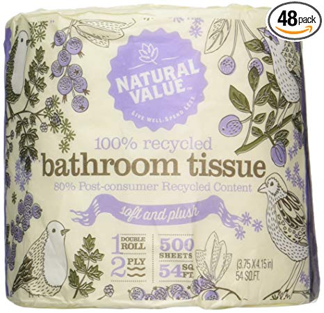 Natural Value 100% Recycled Bathroom Tissue, 500 2-Ply Sheets Per Roll (Pack of 48)