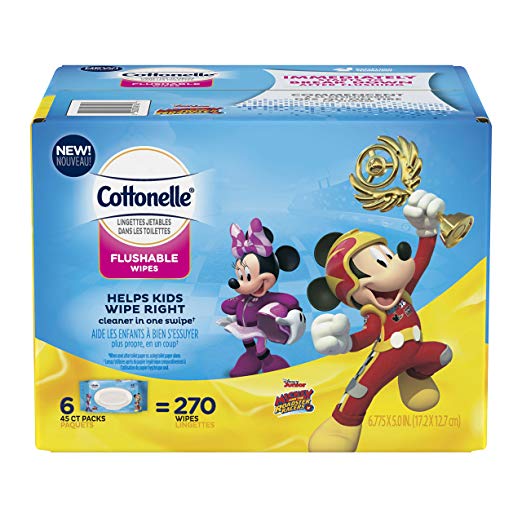 Cottonelle Flushable Toddler Wipes for Kids, 6 Flip-Top Packs, 270 Fragrance-Free Wet Wipes in Disney Packaging, Mickey Mouse