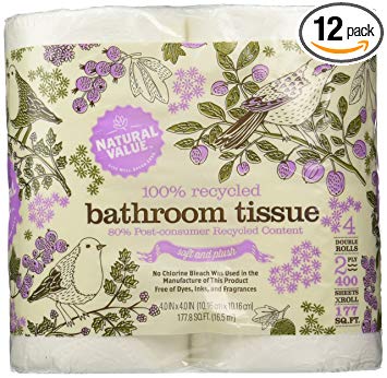 Natural Value 100% Recycled Bathroom Tissue, 400 2-Ply Sheets Per Roll, 4 Double Rolls (Pack of 12)