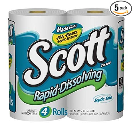 Scott Rapid-Dissolving Bathroom Tissue, 1-Ply, Unscented, Case Pack, Five 4 Roll Packs, 800 Sheets Each (20 Rolls)