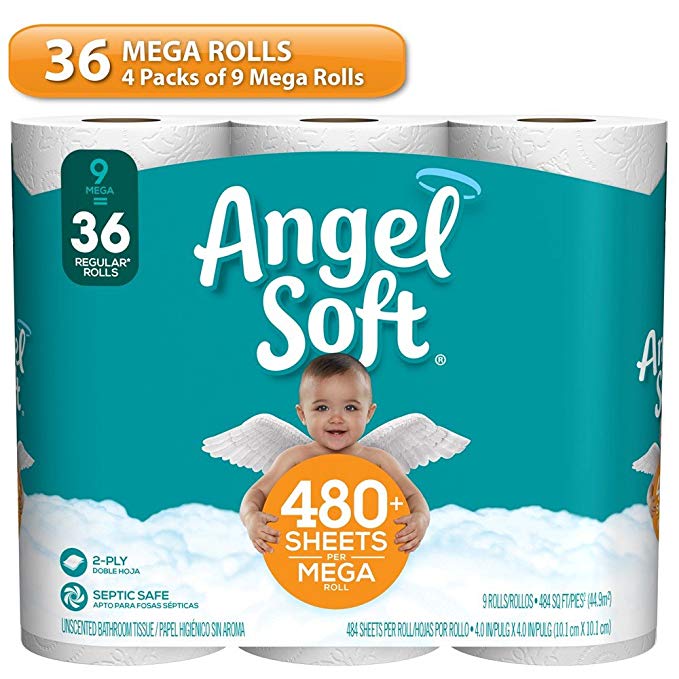 Angel Soft Toilet Paper, Bath Tissue, 36 Mega Rolls (4 Packs of 9 Rolls)
