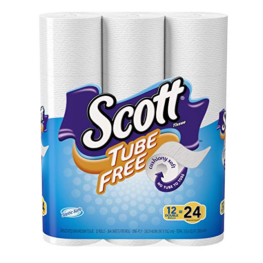 Scott Tube-Free Toilet Paper Unscented Bath Tissue, 12 Double Rolls, 3.82X4-Inch